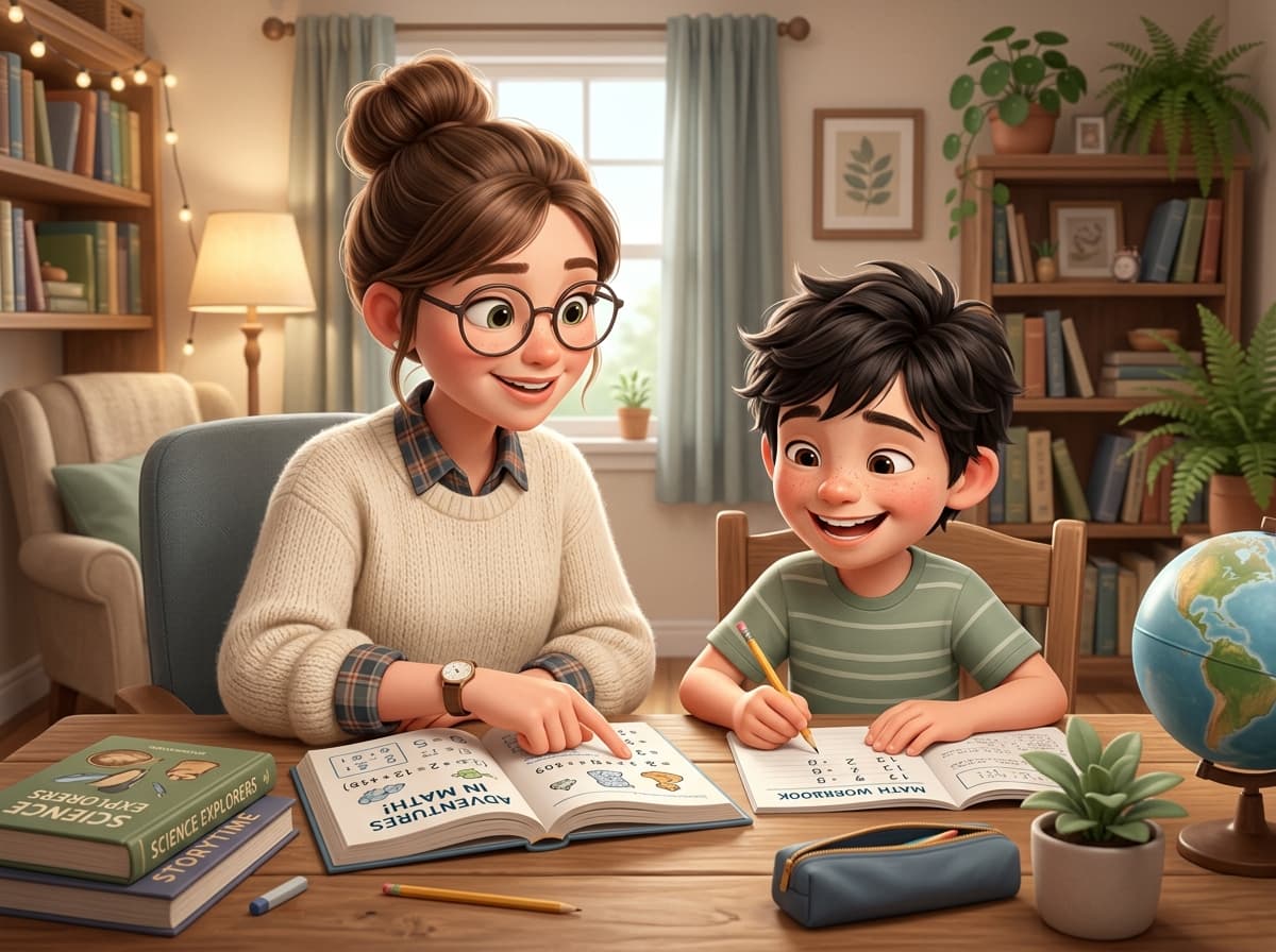Teacher helping a smiling boy with his maths workbook